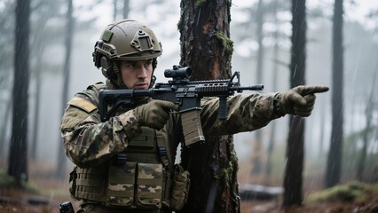 Fototapeta premium A determined soldier in a combat environment. The soldier is clad in military gear and holding a rifle, pointing towards an unseen target