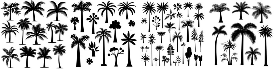 A seamless pattern of palm trees is presented, featuring tropical trees and green plants in a flat design, suitable for exotic forest fabric prints, wrapping paper templates, and modern backgrounds