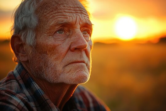 An elderly man contemplates life's sunset, his weathered face reflecting years of experience and wisdom.