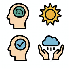 Icon set depicting mental health journey with sad and happy heads, a sun, and hands under a rainy cloud, symbolizing struggle and hope on a white background.