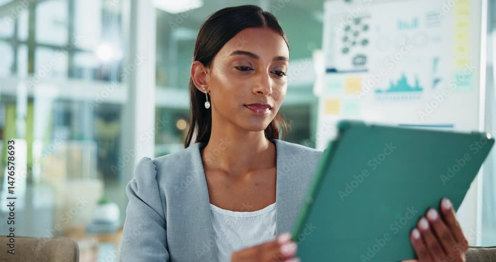 Poster tablet, data and business woman in office for reading research, app or financial email. technology, 