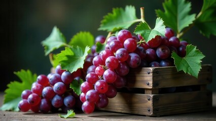A Cluster of Fresh Red Grapes in a Rustic Wooden Crate, Showing Lush Green Vine Leaves and the Juicy, Ripe Berries