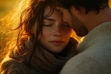 A tender moment between a couple, eyes closed, bathed in golden sunset light.