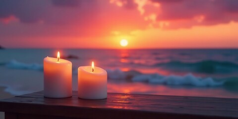 Serene Sunset Glow Two Lit Candles Resting on Wooden Surface Near Ocean Waves at Dusk