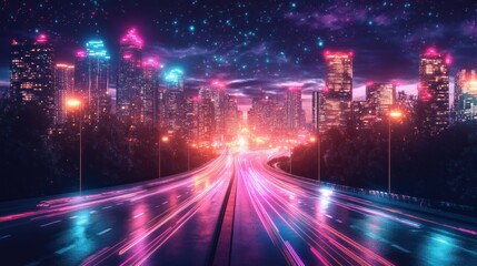 Obraz premium Neon city highway at night