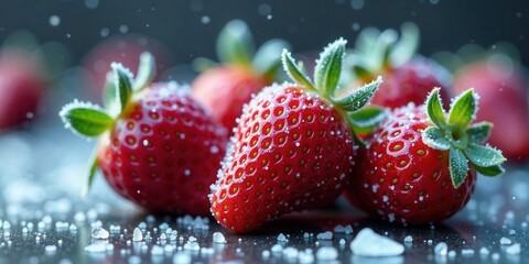 Close-up of vibrant red strawberries dusted with fine crystals, glistening with moisture, set against a dark background.