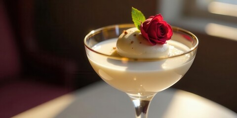 Elegant Creamy Dessert in a Coupe Glass, Garnished with a Delicate Rose