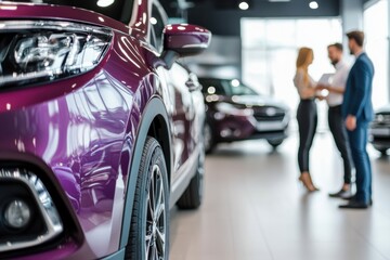 Car dealer discussing contract with client customer in a showroom. Salesman showing selling cars to a couple at the dealership. Sales manager helping to choose a new car. Congratulations for buying