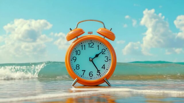 Orange clock on beach waves