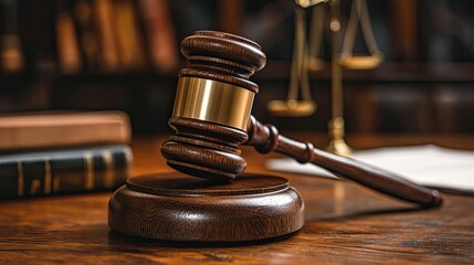 Courtroom gavel resting on a wooden desk, with legal documents and a law book beside it.