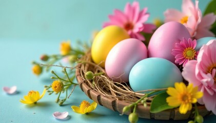 Obraz premium Vibrant pastel Easter eggs nestled in a spring flower arrangement , bunny, easter eggs, daffodils