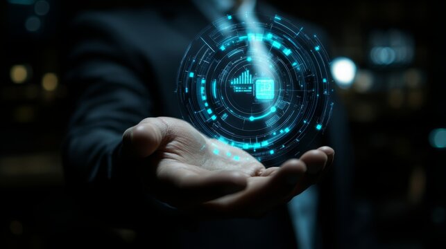 Business professional presenting digital data visualization at night in a modern urban setting