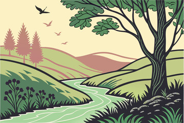 102 3d papercraft landscape, dynamic layered papercut art, vibrant bold colorful nature scenery, rolling hills, winding river, soft gradient background, digital illustration, highly detailed