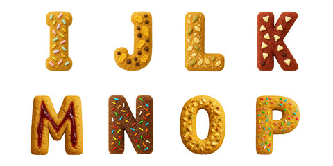 Alphabet cookies shaped as letters  I, J, K, L, M, N, O, and P with colorful toppings : Creative cookies in the form of letters decorated with sprinkles, nuts, and chocolate