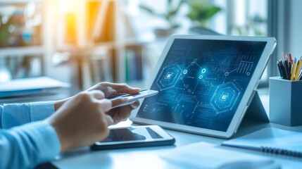 Digital technology in use for data analysis and interaction in a modern office workspace during daylight