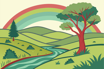 Fototapeta premium 102 3d papercraft landscape, dynamic layered papercut art, vibrant bold colorful nature scenery, rolling hills, winding river, soft gradient background, digital illustration, highly detailed