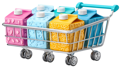 A shopping cart filled with colorful milk cartons in various designs and colors.