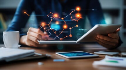 Person using tablet to create digital network visualization with cup of coffee on table in modern workspace