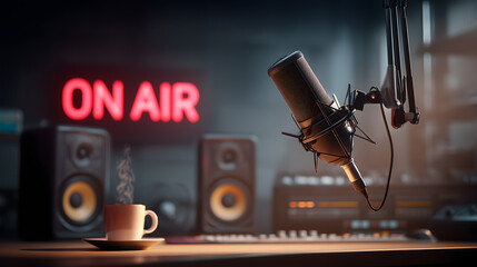 Professional Radio Studio with Microphone and “On Air” Sign – Podcast Broadcasting Concept