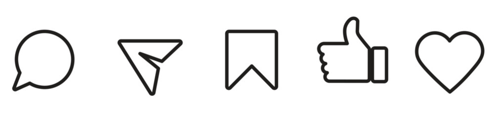 Set of generic social media user interface icons. Like, comment, share and save icons. Social media flat icons. Vector, flat outline icon, 10 eps