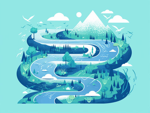 Perfect for Educational Content! A Flat Design Illustration of River Flow from Mountain to Sea, Beautifully Visualizing the Natural Water Cycle and Environmental Process