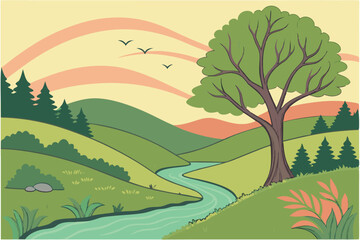 Fototapeta premium 102 3d papercraft landscape, dynamic layered papercut art, vibrant bold colorful nature scenery, rolling hills, winding river, soft gradient background, digital illustration, highly detailed