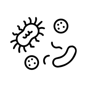 Minimalist black outline vector icon of diverse bacteria, symbolizing microbial life, biological diversity, and microscopic interactions in a scientific concept