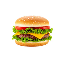 Delicious hamburger with sesame seed bun, fresh lettuce, juicy beef patty, melted cheese, and ripe tomato, perfect for satisfying meal