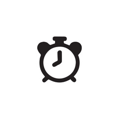 Simple alarm clock icon.  A black silhouette of a classic alarm clock with a round face and hands,  showing a specific time.  Features a top piece and three base legs