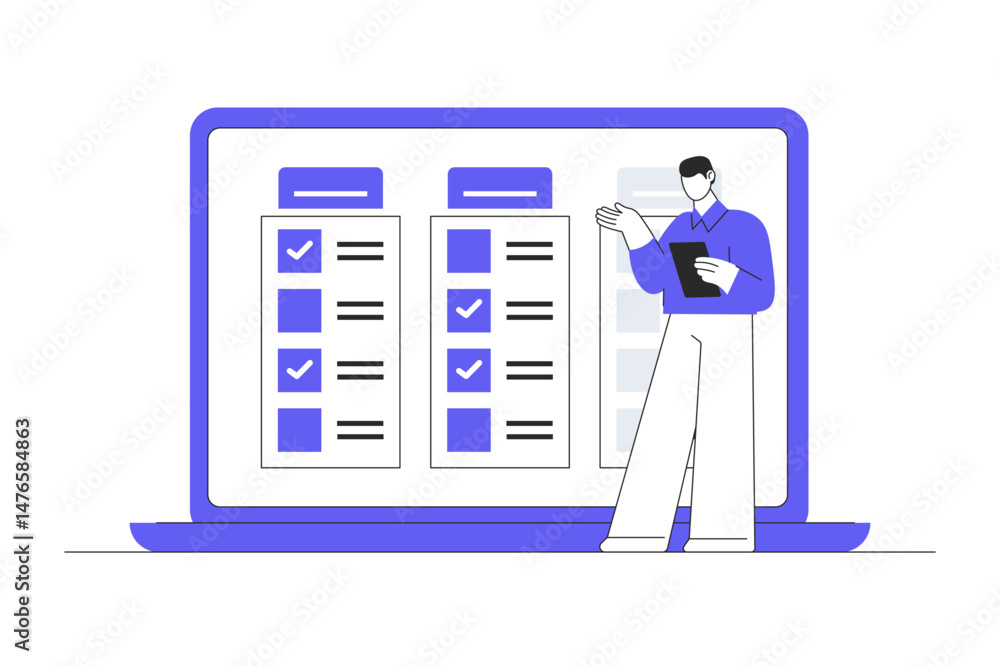 Aufkleber task management finish project efficiently on computer laptop business planning checklist completion