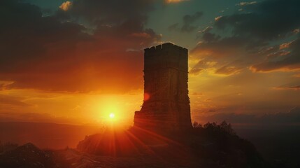 Obraz premium Silhouette tower at sunset, dramatic sky.