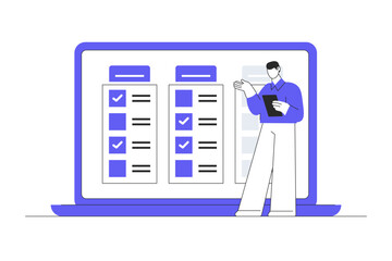 Task management finish project efficiently on computer laptop business planning checklist completion schedule agenda. Flat Cartoon Vector Illustration, icon. Stylish abstract design landing page