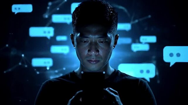 Man Using Smartphone Surrounded by Blue Chat Bubbles.  Animated Chat Bubbles in Dark animation background
