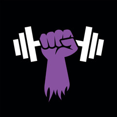 Purple gym fist with dumbbells logo vector with black background
