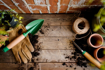 Gardening Tools on Rustic Wooden Table