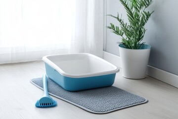 Fototapeta na wymiar Litter Box with shovel. Clumping cat in home background. Clean blue white cat litter box with scoop on wooden floor in a minimalist room. Cleanliness and hygiene concept. Cat toilet. Hygiene for pets