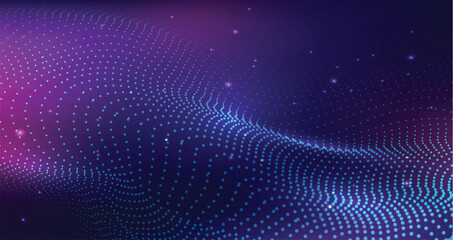 Abstract blue glowing energy waves from dotted line particles with blur effect on dark background. Futuristic modern backdrop design for business, presentation, ads, banner, website, landing page.