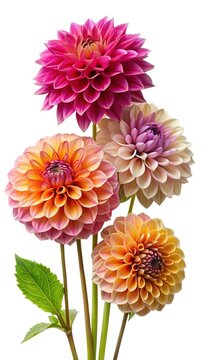 Vibrant Dahlia Flowers in a Vertical Arrangement on a White Background