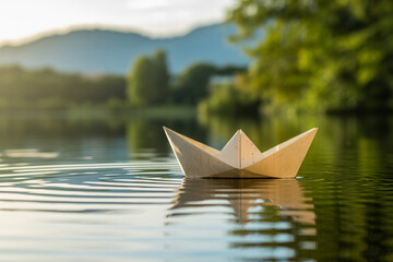 A photograph of a delicate paper boat gently floating on a serene lake