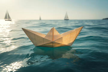Fototapeta premium A photograph of a delicate paper boat sailing on a vast, turquoise ocean. The boat is intricately folded from aged parchment, with visible creases and a slightly tattered appearance, gently bobbing on