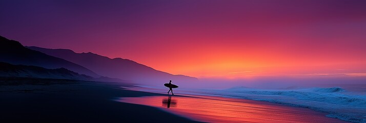 A surfer is walking on the beach at sunset. The sky is a beautiful mix of pink and purple hues