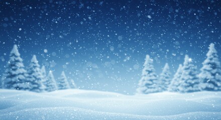 Winter scene with snow covered trees falling snow