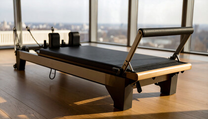 Pilates reformer in a bright studio with city view. Symbolizing wellness, strength, flexibility, and healthy lifestyle. Ideal for fitness and health concepts.