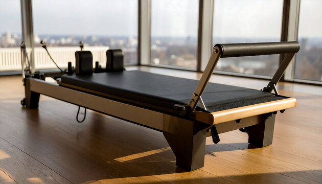 Pilates reformer in a bright studio with city view. Symbolizing wellness, strength, flexibility, and healthy lifestyle. Ideal for fitness and health concepts. - Powered by Adobe