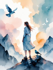 Girl on top of a mountain painting