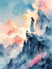 Girl on top of a mountain painting