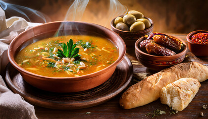 A bowl of steaming harira soup served in a traditional earthenware bowl, garnished with fresh herbs.