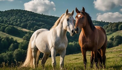 Obraz premium A Beautiful White Horse and a Chestnut Brown Horse Standing Together in a Lush Green Field with Rolling Hills and a Partly Cloudy Sky in the Background.