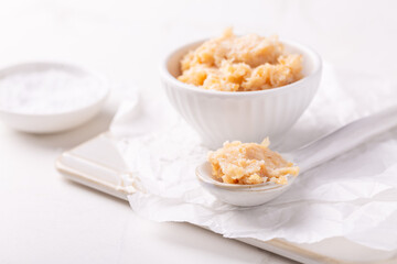 Homemade greaves, hearty lard with greaves  as a spread for bread in a bowl
