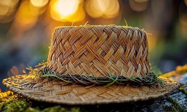 A beautifully woven straw hat resting on a mossy log with a golden sunset backdrop